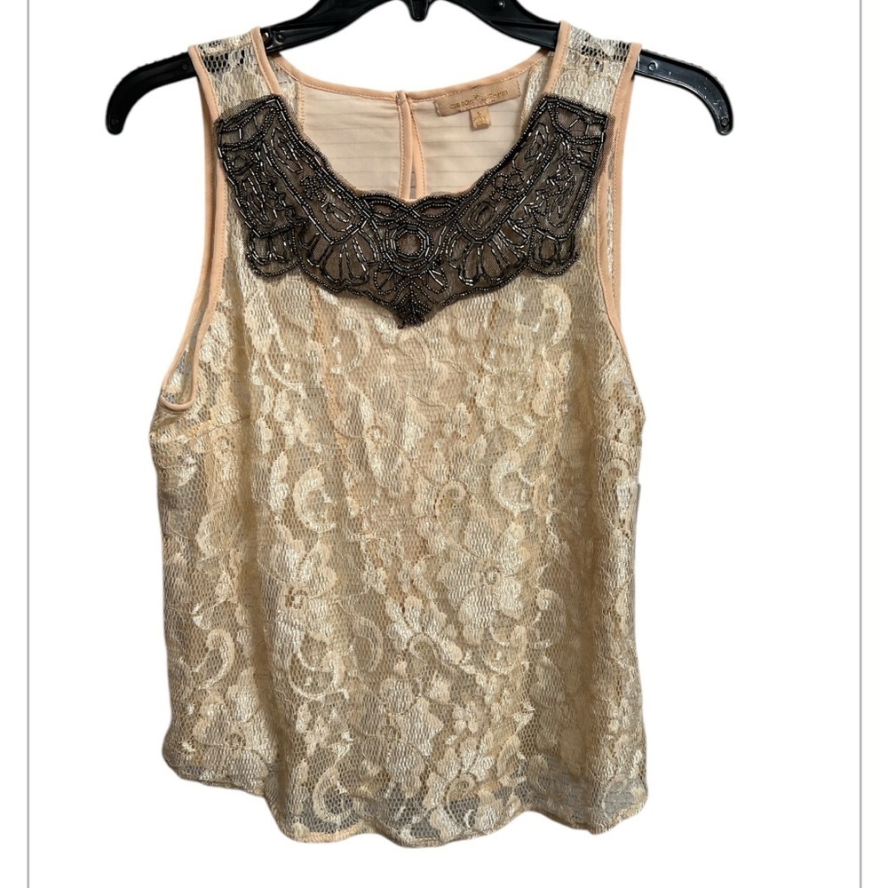Gibson Latimer Cream Lace Tank Top with Black Beaded Detail NWT Small